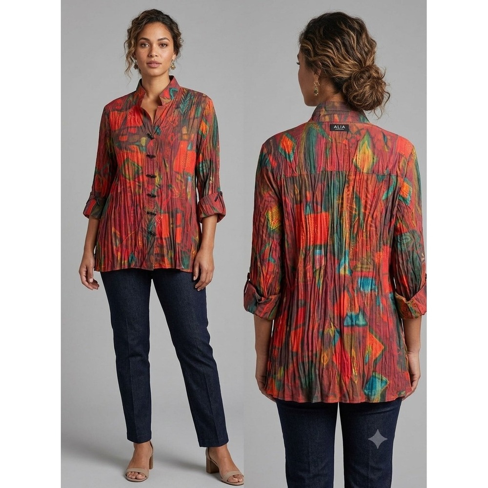 NWT Ali Miles Crinkle Wired Collar Button Front Blouse Top Tunic Fall Artsy PM